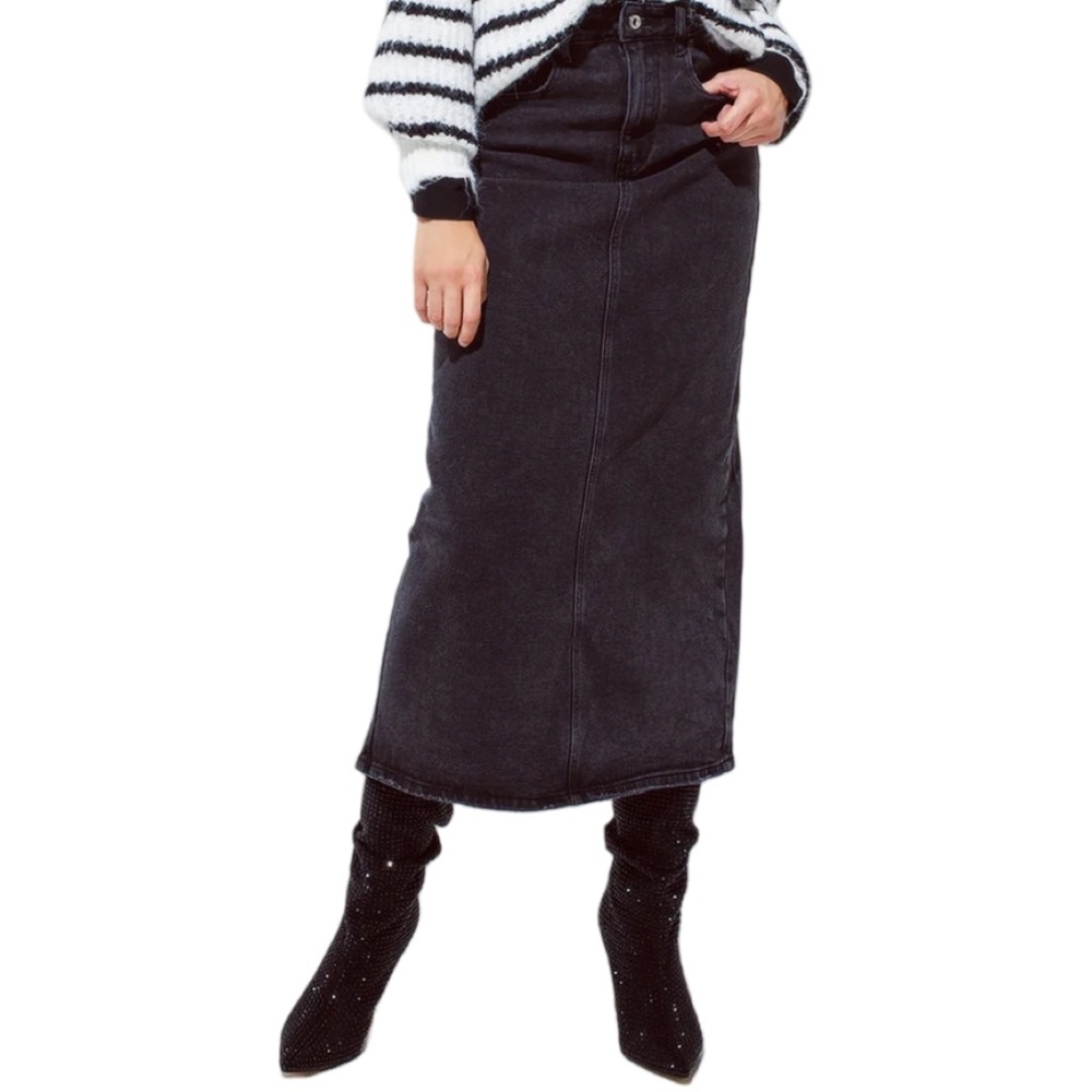 Q2 Long Denim Stretch Skirt in Black